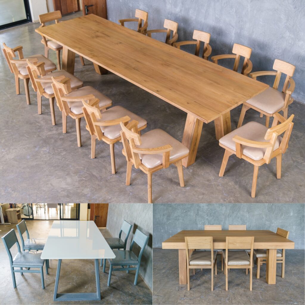 ชุดโต๊ะกินข้าวขาไม้ ผลิตจากไม้เนื้อแข็ง เช่น ไม้สักเก่าและไม้โอ๊ค โดยโรงงานเฟอร์นิเจอร์ไม้