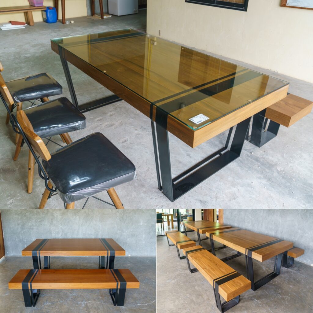ชุดโต๊ะกินข้าวขาเหล็ก ผลิตจากไม้สักเก่าและไม้ยางพารา โดยโรงงานเฟอร์นิเจอร์ไม้ รับทำเฟอร์นิเจอร์ไม้ตามแบบ