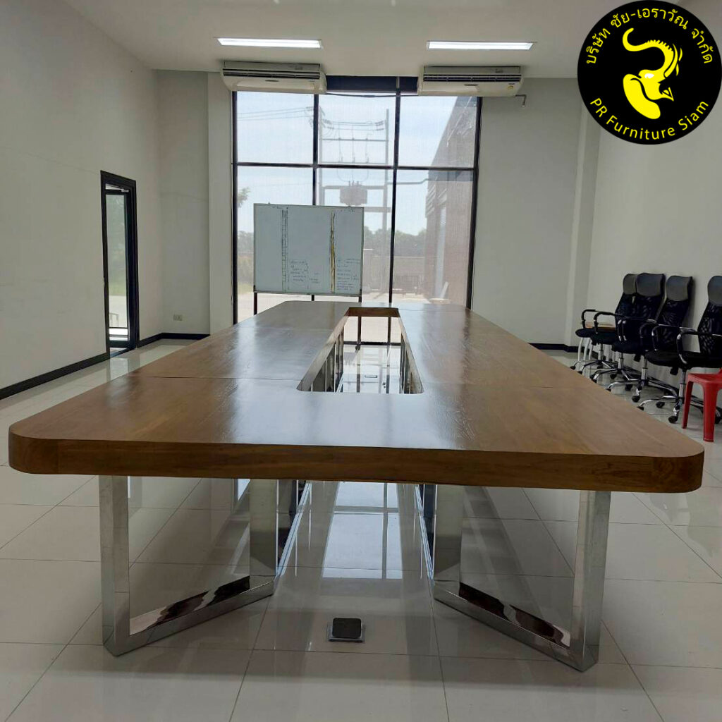 โต๊ะประชุมไม้สักขาสแตนเลส แข็งแรง ทนทาน รับน้ำหนักได้ดี