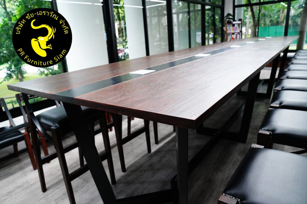 เก้าอี้ไม้เนื้อแข็งขาเหล็ก เบาะหนัง PU ตอกหมุดทองเหลือง