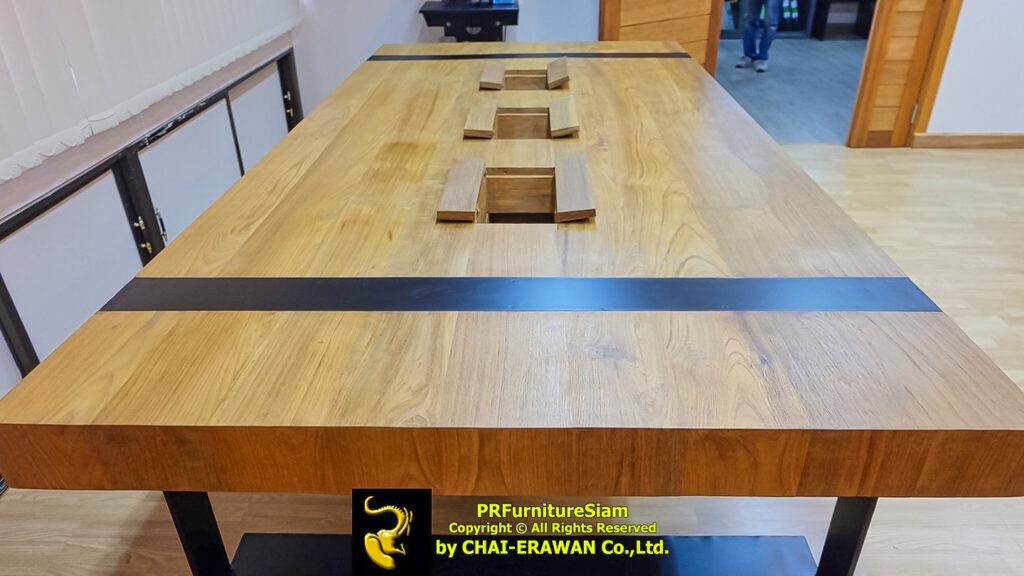 โต๊ะทำงานไม้สัก ขนาดใหญ่ ติดปลั๊กไฟ พร้อมล้อยาง สำหรับสำนักงาน