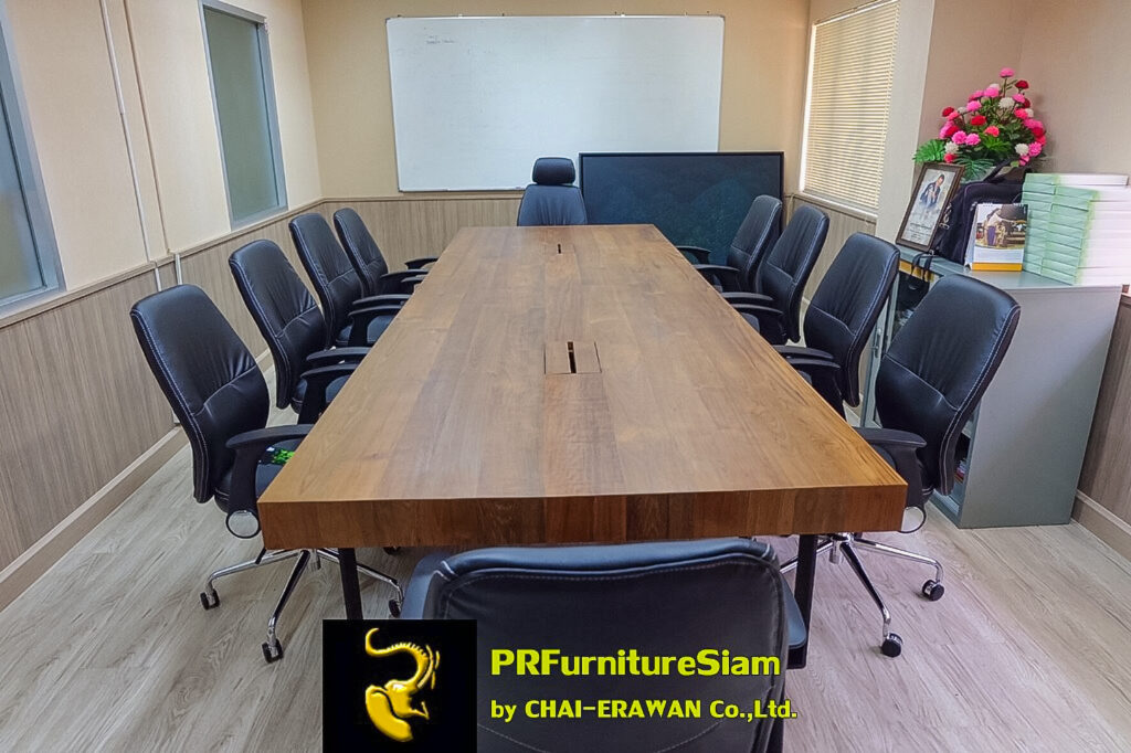 โต๊ะประชุมไม้สักขาเหล็กแบน ผลิตจากไม้สักแท้ รับผลิตตามแบบ