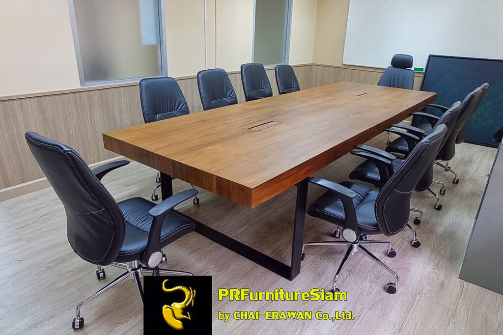 โต๊ะประชุมไม้สักขาเหล็กแบน คุณภาพสูง รับประกัน 1 ปี